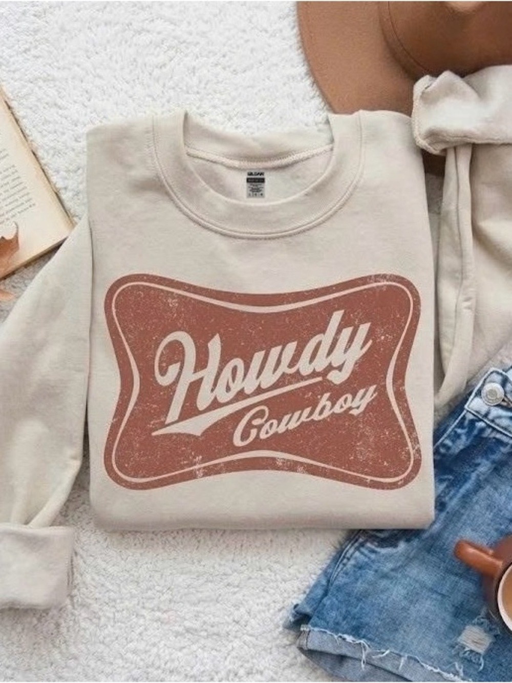 Howdy Cowboy Distressed Graphic Sand Beige Crewneck Sweatshirt